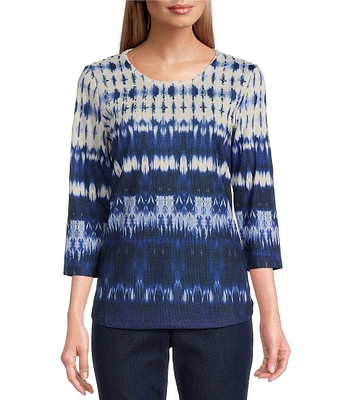 Allison Daley Petite Size Indigo Blues Abstract Print Embellished 3/4 Sleeve Crew Neck Knit Top