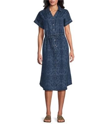 Allison Daley Petite Size Indigo Print Short Sleeve Shirt Midi Dress