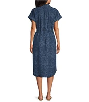 Allison Daley Petite Size Indigo Print Short Sleeve Shirt Midi Dress