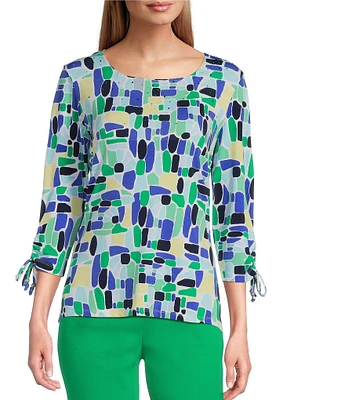 Allison Daley Petite Size Kelly Mosaic 3/4 Tie Sleeve Square Neck Knit Top