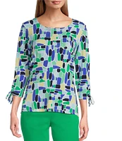 Allison Daley Petite Size Kelly Mosaic 3/4 Tie Sleeve Square Neck Knit Top