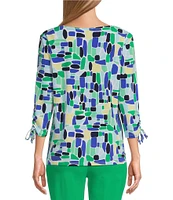 Allison Daley Petite Size Kelly Mosaic 3/4 Tie Sleeve Square Neck Knit Top