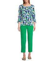 Allison Daley Petite Size Kelly Mosaic 3/4 Tie Sleeve Square Neck Knit Top