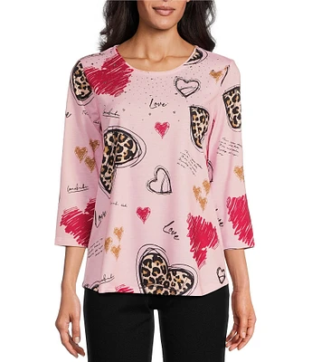 Allison Daley Petite Size Leopard Hearts Print 3/4 Sleeve Crew Neck Knit Top