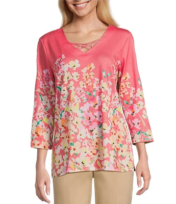Allison Daley Petite Size Living Floral Print 3/4 Sleeve Criss Cross V-Neck Knit Top