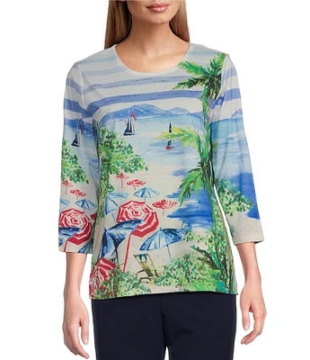 Allison Daley Petite Size Miami Beach Print 3/4 Sleeve Crew Neckline Knit Top