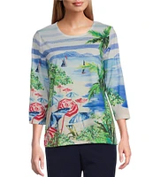 Allison Daley Petite Size Miami Beach Print 3/4 Sleeve Crew Neckline Knit Top