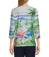 Allison Daley Petite Size Miami Beach Print 3/4 Sleeve Crew Neckline Knit Top