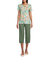 Allison Daley Petite Size Natural Ikat Print Short Sleeve Criss-Cross Keyhole Neck Short Sleeve Jersey Knit Top