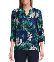 Allison Daley Petite Size Navy Arabesque Print 3/4 Tie Sleeve Y-Neck Button Front Blouse