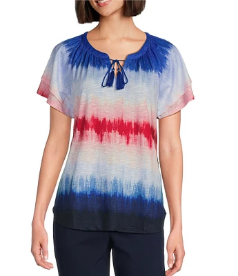 Allison Daley Petite Size Navy Ombre Print Flutter Sleeve Tassel Tie Neck Knit Top