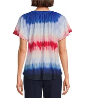Allison Daley Petite Size Navy Ombre Print Flutter Sleeve Tassel Tie Neck Knit Top