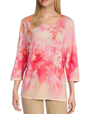 Allison Daley Petite Size Ombre Floral Print 3/4 Sleeve Keyhole Neck Knot Knit Top