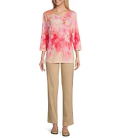 Allison Daley Petite Size Ombre Floral Print 3/4 Sleeve Keyhole Neck Knot Knit Top