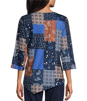 Allison Daley Petite Size Paisley Patchwork Print 3/4 Sleeve Crew Neck Asymmetric Hem Knit Top