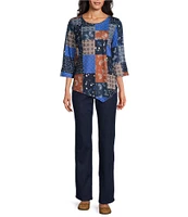 Allison Daley Petite Size Paisley Patchwork Print 3/4 Sleeve Crew Neck Asymmetric Hem Knit Top