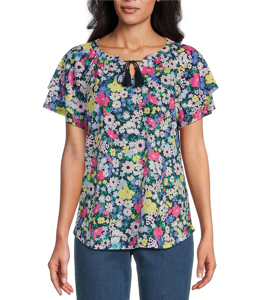 Allison Daley Petite Size Picnic Bouquet Print Flutter Sleeve Tassel Tie Neck Knit Top