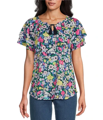 Allison Daley Petite Size Picnic Bouquet Print Flutter Sleeve Tassel Tie Neck Knit Top
