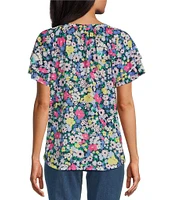 Allison Daley Petite Size Picnic Bouquet Print Flutter Sleeve Tassel Tie Neck Knit Top