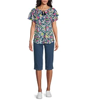 Allison Daley Petite Size Picnic Bouquet Print Flutter Sleeve Tassel Tie Neck Knit Top
