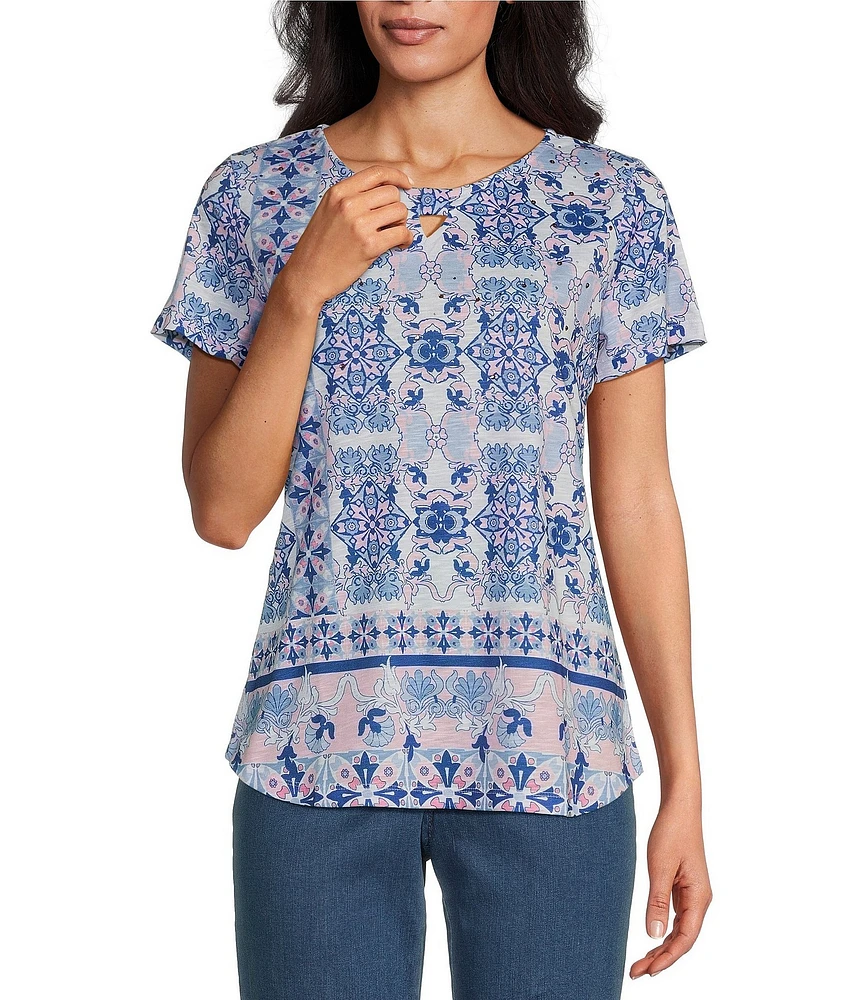 Allison Daley Petite Size Pink Folk Tile Print Short Sleeve Keyhole Neck Knit Top