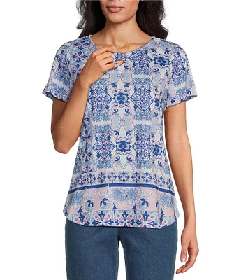 Allison Daley Petite Size Pink Folk Tile Print Short Sleeve Keyhole Neck Knit Top