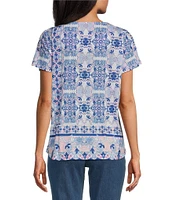 Allison Daley Petite Size Pink Folk Tile Print Short Sleeve Keyhole Neck Knit Top