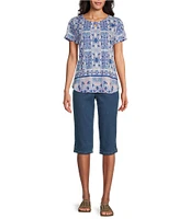Allison Daley Petite Size Pink Folk Tile Print Short Sleeve Keyhole Neck Knit Top