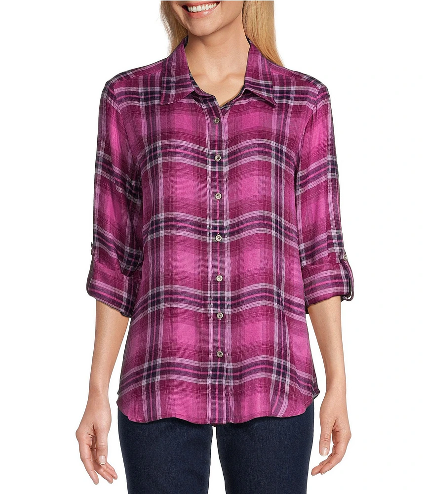 Allison Daley Petite Size Pink Plaid Print 3/4 Roll Tab Sleeve Point Collar Button Front Shirt