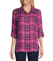 Allison Daley Petite Size Pink Plaid Print 3/4 Roll Tab Sleeve Point Collar Button Front Shirt