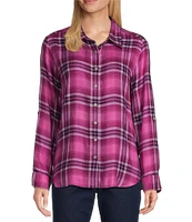 Allison Daley Petite Size Pink Plaid Print 3/4 Roll Tab Sleeve Point Collar Button Front Shirt