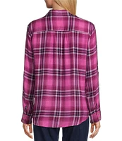 Allison Daley Petite Size Pink Plaid Print 3/4 Roll Tab Sleeve Point Collar Button Front Shirt