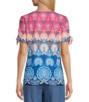 Allison Daley Petite Size Pomegranate Damask Floral Border Print Short Ruched Tie Sleeve Square Neck Knit Top
