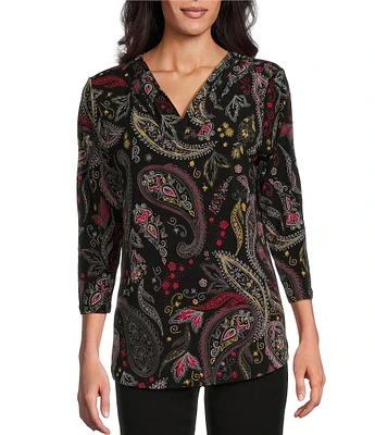 Allison Daley Petite Size Red Black Paisley Print 3/4 Sleeve V-Neck Pleated Knit Top