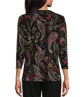 Allison Daley Petite Size Red Black Paisley Print 3/4 Sleeve V-Neck Pleated Knit Top