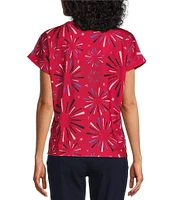 Allison Daley Petite Size Red Firework Star Print Short Sleeve Keyhole Neckline Knit Top