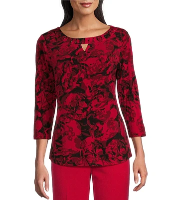 Allison Daley Petite Size Rose Garden Print 3/4 Sleeve Keyhole Neck Knit Top