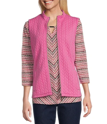 Allison Daley Petite Size Sleeveless Full Zip Up Embellished Cable Knit Quilted Vest