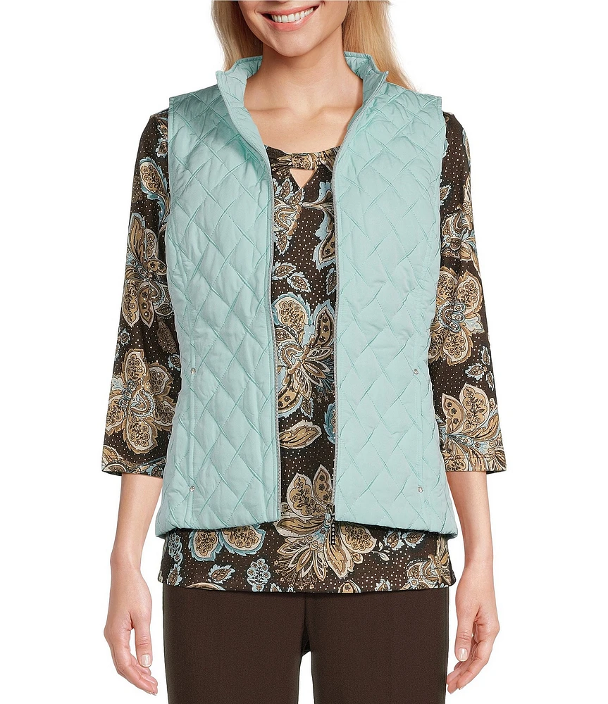 Allison Daley Petite Size Sleeveless Full Zip Up Embellished Diamond Woven Quilted Vest