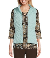 Allison Daley Petite Size Sleeveless Full Zip Up Embellished Diamond Woven Quilted Vest