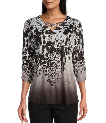 Allison Daley Petite Size Spots Border Print 3/4 Ruched Sleeve Crisscross Embellished V-Neck Knit Top