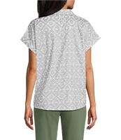 Allison Daley Petite Size Spring Sage Clip Jacquard Short Sleeve Button Front Cotton Blouse