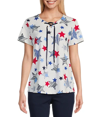 Allison Daley Petite Size Star Print Short Sleeve Lace-Up Split V-Neck Knit Top