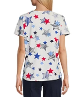 Allison Daley Petite Size Star Print Short Sleeve Lace-Up Split V-Neck Knit Top