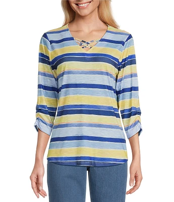 Allison Daley Petite Size Stripe Print 3/4 Ruched Sleeve Criss Cross V-Neck Knit Top