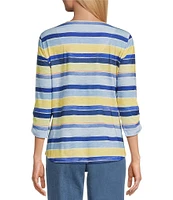 Allison Daley Petite Size Stripe Print 3/4 Ruched Sleeve Criss Cross V-Neck Knit Top