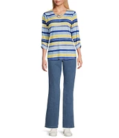 Allison Daley Petite Size Stripe Print 3/4 Ruched Sleeve Criss Cross V-Neck Knit Top
