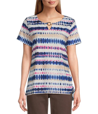 Allison Daley Petite Size Tie-Dye Stripe Short Sleeve Keyhole Neck Ruched Side Tie Hem Knit Top