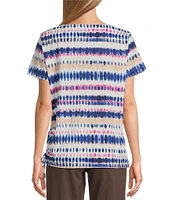 Allison Daley Petite Size Tie-Dye Stripe Short Sleeve Keyhole Neck Ruched Side Tie Hem Knit Top