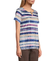 Allison Daley Petite Size Tie-Dye Stripe Short Sleeve Keyhole Neck Ruched Side Tie Hem Knit Top